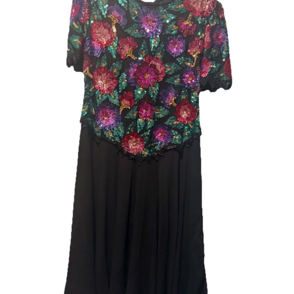 Laurence Kazar Black Dress with Multicolor Sequin Floral Accents